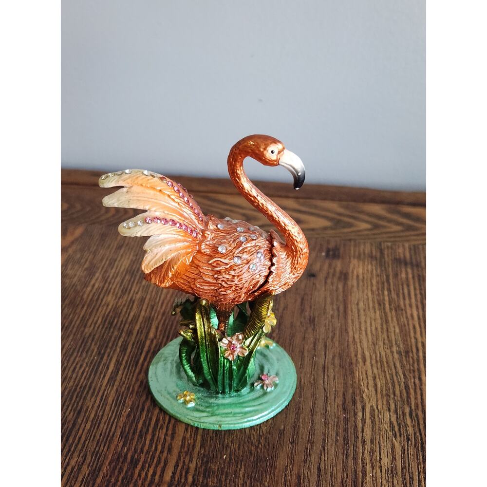 Vtg Rucinni Flamingo Trinket Box Swarovski Crystal Enameled